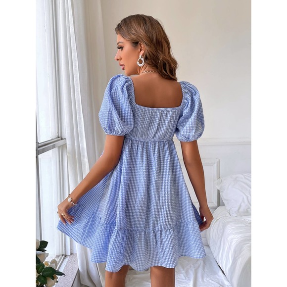boho Gingham Sweetheart Neck Ruched Ruffle Hem Dress blue plaid - Picture 2 of 6